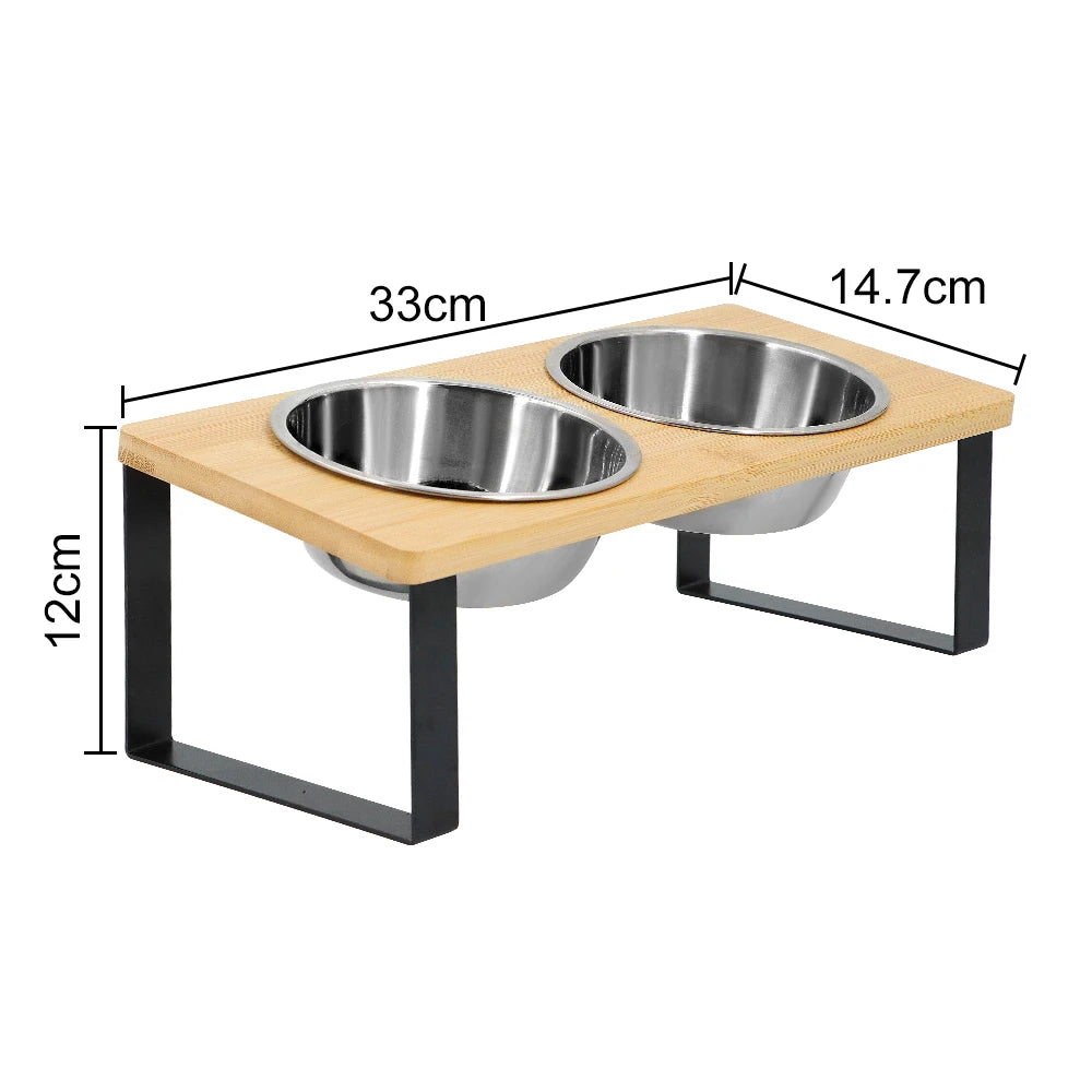 Bols Surélevés Inclinés 15° pour Chats – Double Gamelle Inox avec Support en Bois